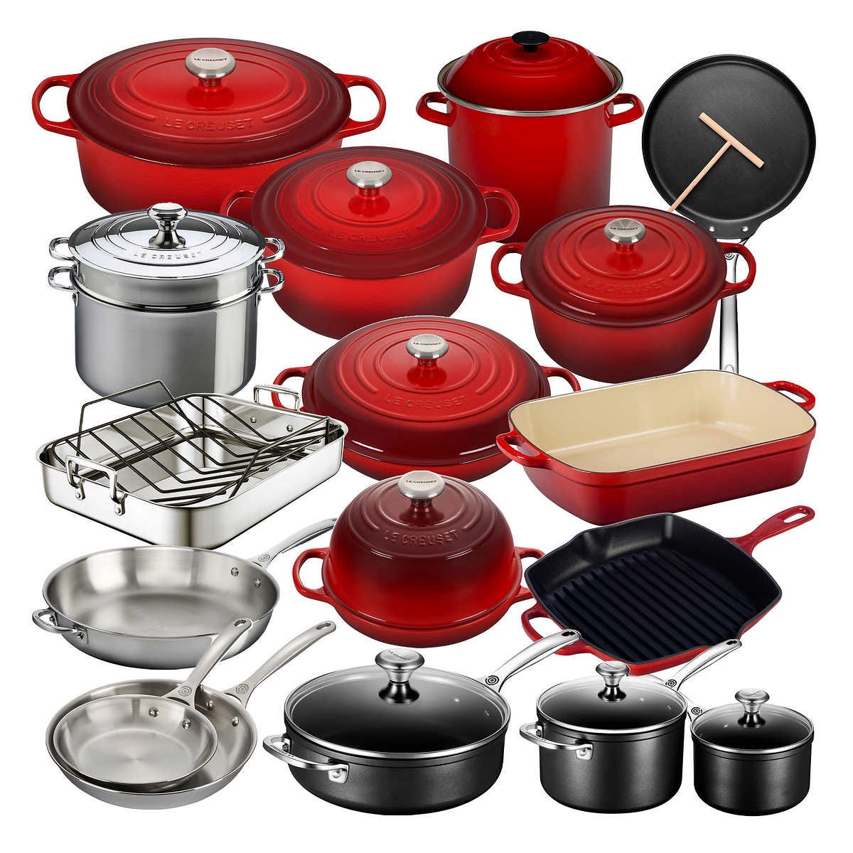 Le Creusets pots, pans, and dishes