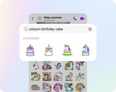 AI-generated stickers in the Messenger app prompted by “unicorn birthday cake.”