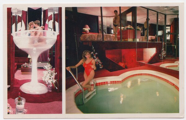 The rising popularity of Poconos resorts geared toward honeymooners coincided with the postwar sexual revolution. In addition to heart-shaped tubs, resorts like Cove Haven and its sister properties Paradise Stream and Pocono Palace featured unabashedly suggestive details like massive champagne glass whirlpools, mirrored walls and ceilings, and sumptuous shag carpeting.