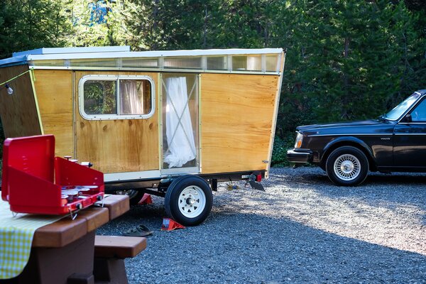 "The camper is not aerodynamic whatsoever," Peterson-Hui says. "The part facing the wind is longer. I angled it out, so if you're sitting in the bed, you can lean back and not have to sit at a 90-degree angle."