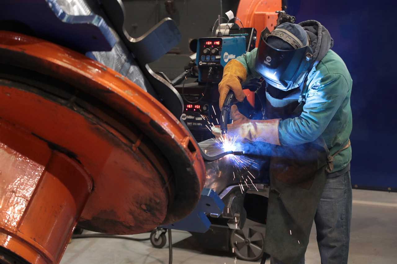  A worker at LB Steel LLC manufactures a wheel assembly known as a "bogie" to be used on the new Amtrak Acela trains which are being built in partnership with Alstom on December 04, 2019 in Harvey, Illinois. 