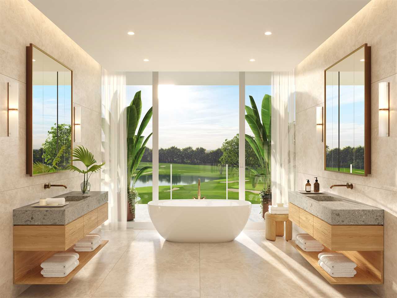 imge of luxury bathroom looking out onto course and sky