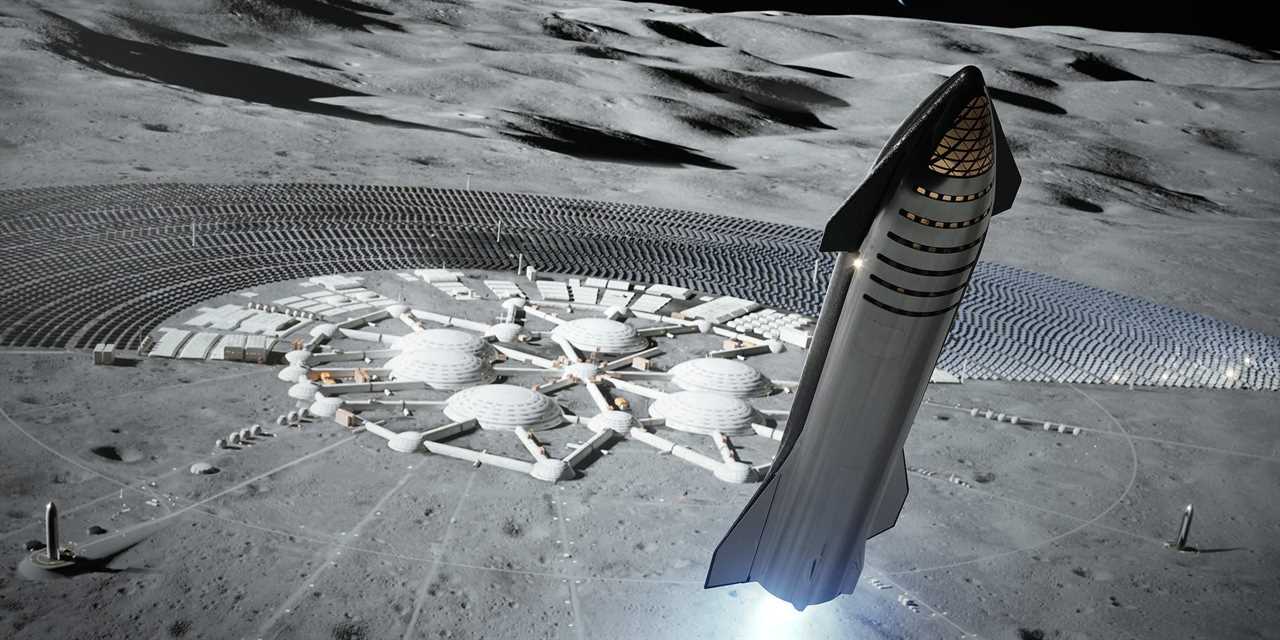 An artist's rendering shows a starship landing near a moon colony.