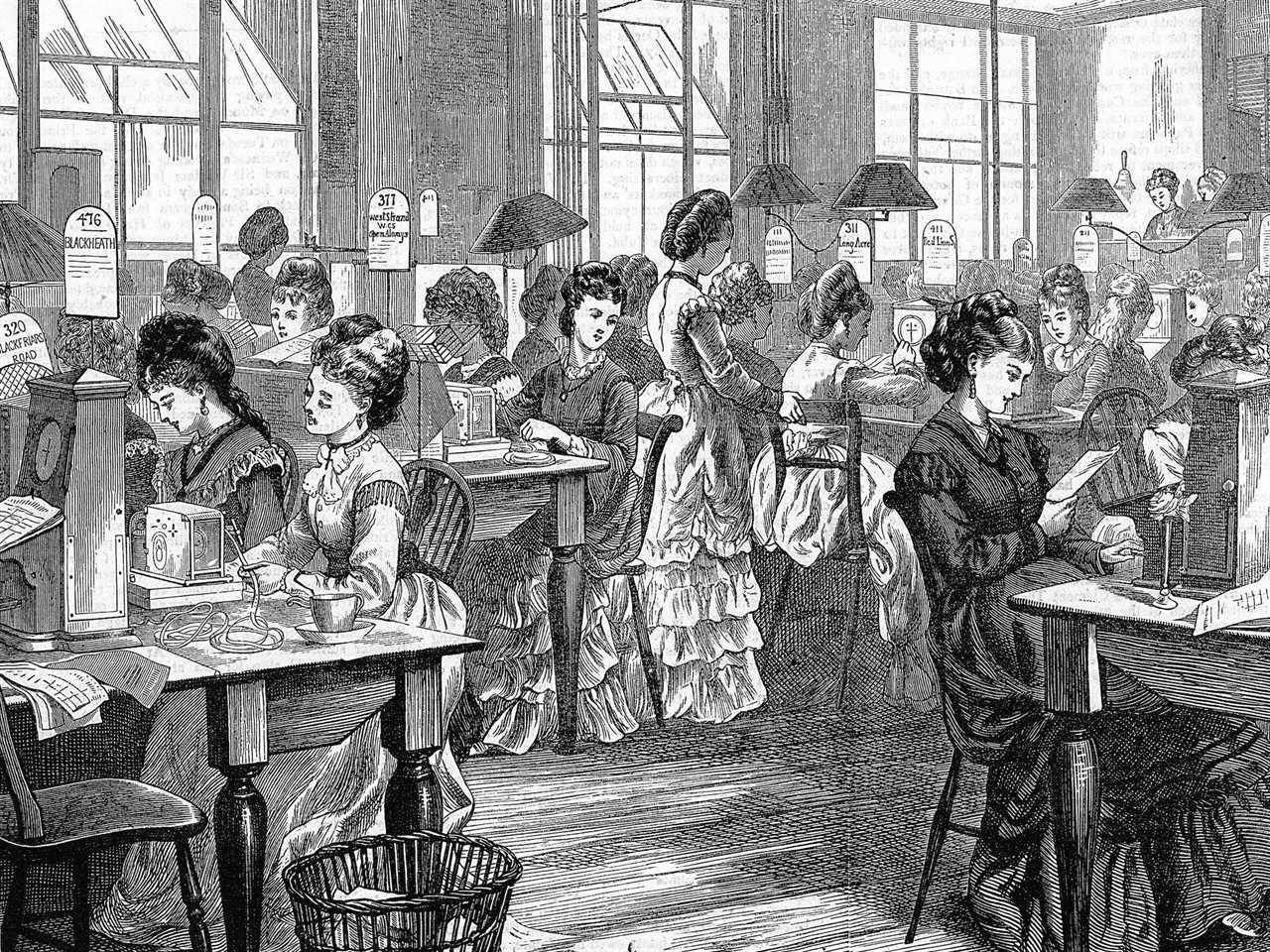 An illustration of several women working at telegraph machines at the Post Office Telegraph Headquarters in London in 1871