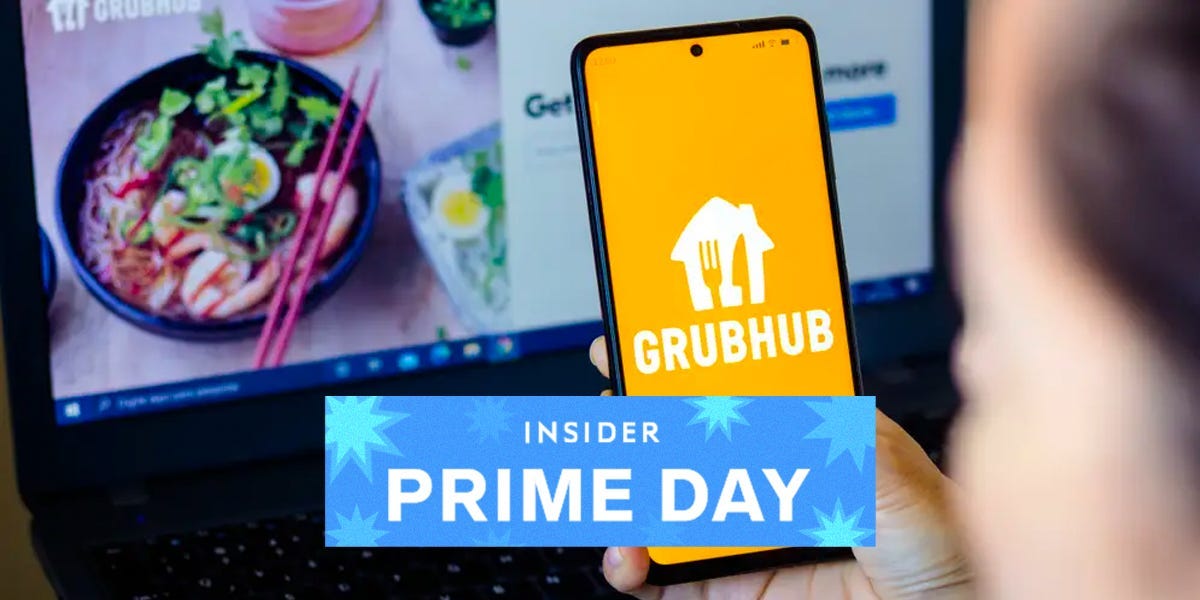 Person using the grubhub app on their phone to order a bowl of ramen shown on a computer screen in front of them, including a badge in the center with the text "Insider Prime Day."