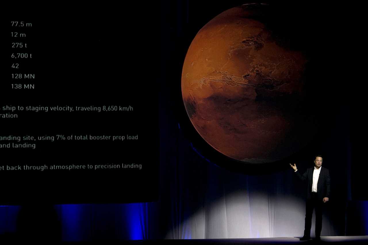 elon musk points at image of mars standing onstage