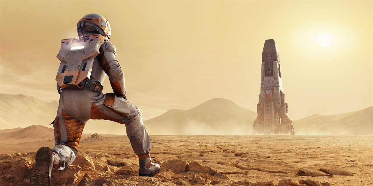 An artist's impression shows an astronaut kneeling down on Mars as a rocket is shown in the background. The landscape is barren and dusty.