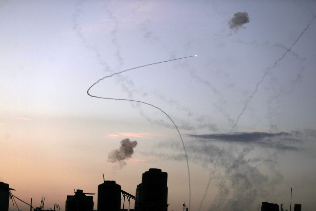 Rockets are fired from Gaza City towards Israel on October 7, 2023