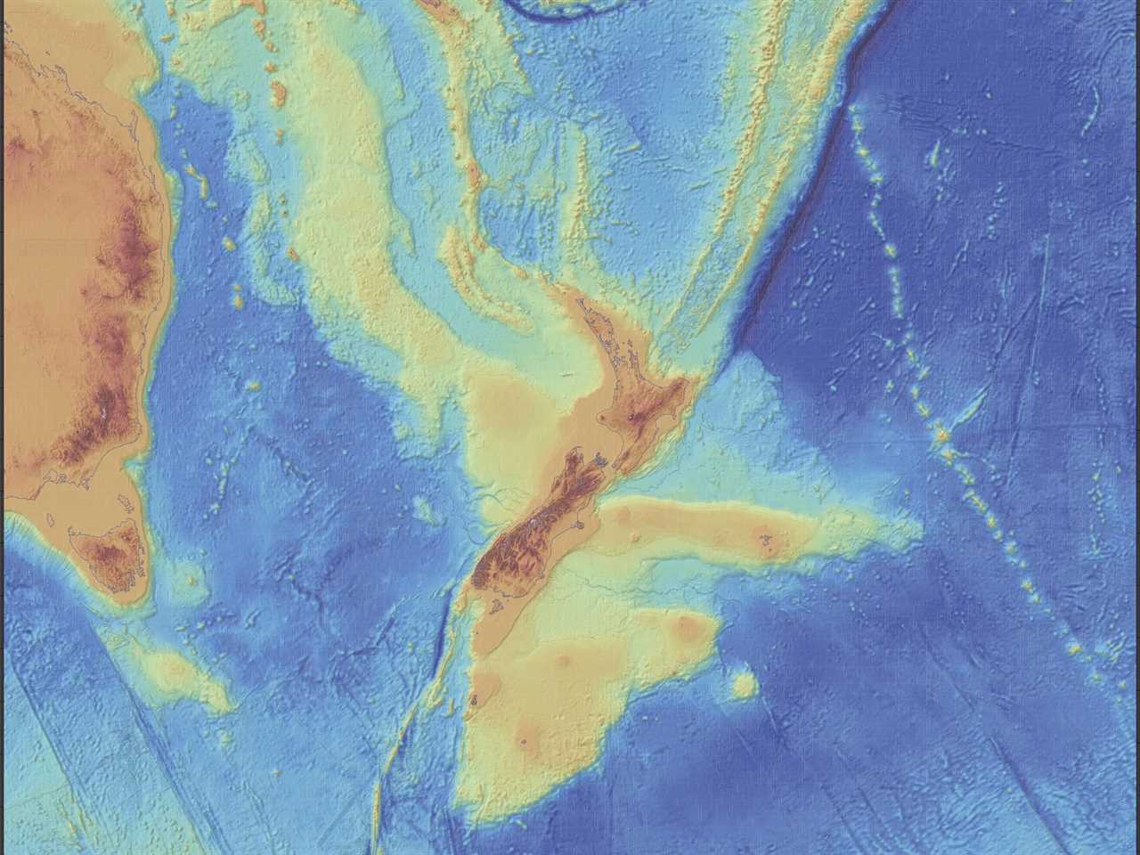 A colorful map of Zealandia in different shades of yellow, orange, and dark red