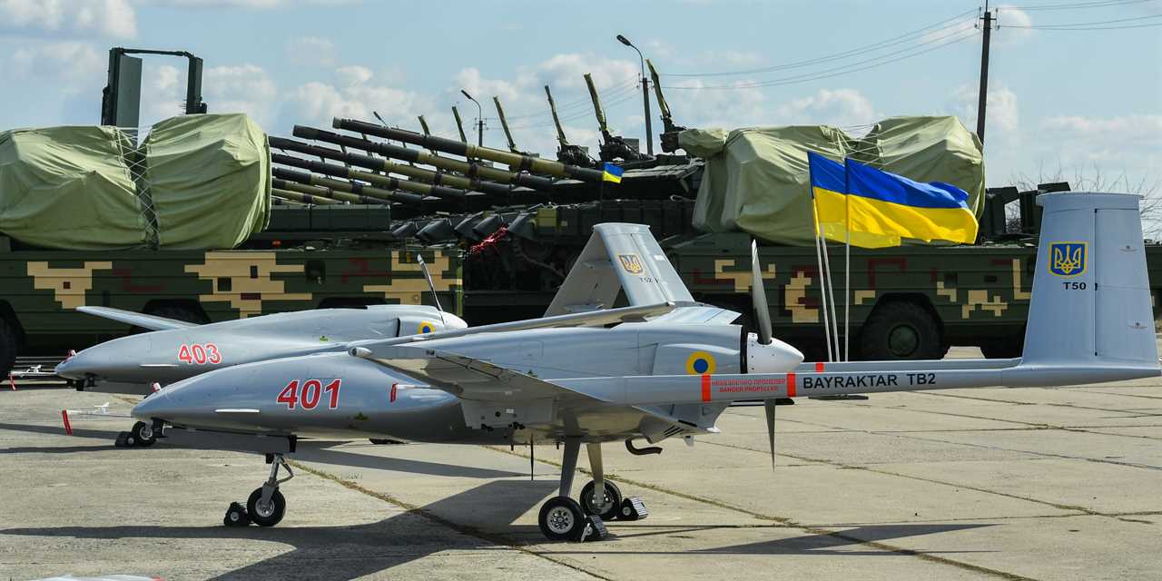 Bayraktar TB2 UAVs is seen during the test flight at the military base located in Hmelnitski, Ukraine on March 20, 2019.