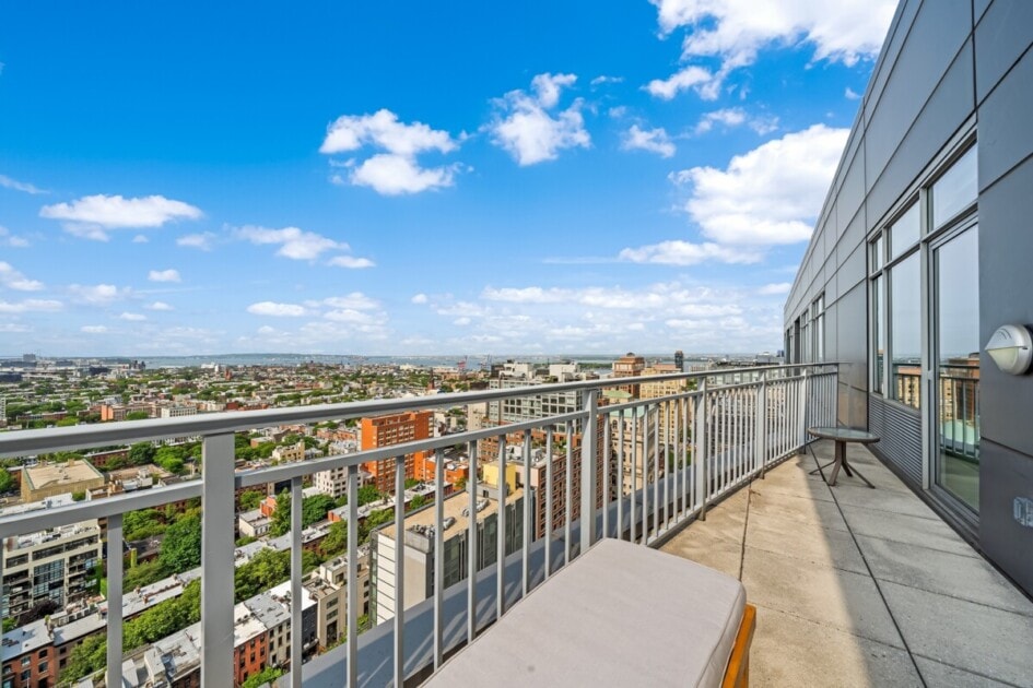 views of New York from the balcony of a penthouse unit.