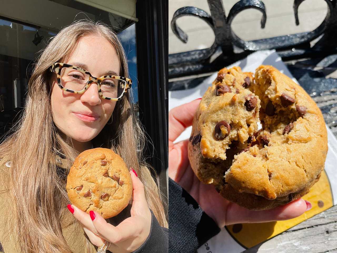 composite image: the author holds up a cookie and a close up of the cookie broken in half