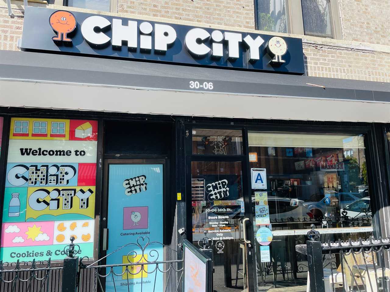 The exterior of Chip City store in Astoria, showing a large sign