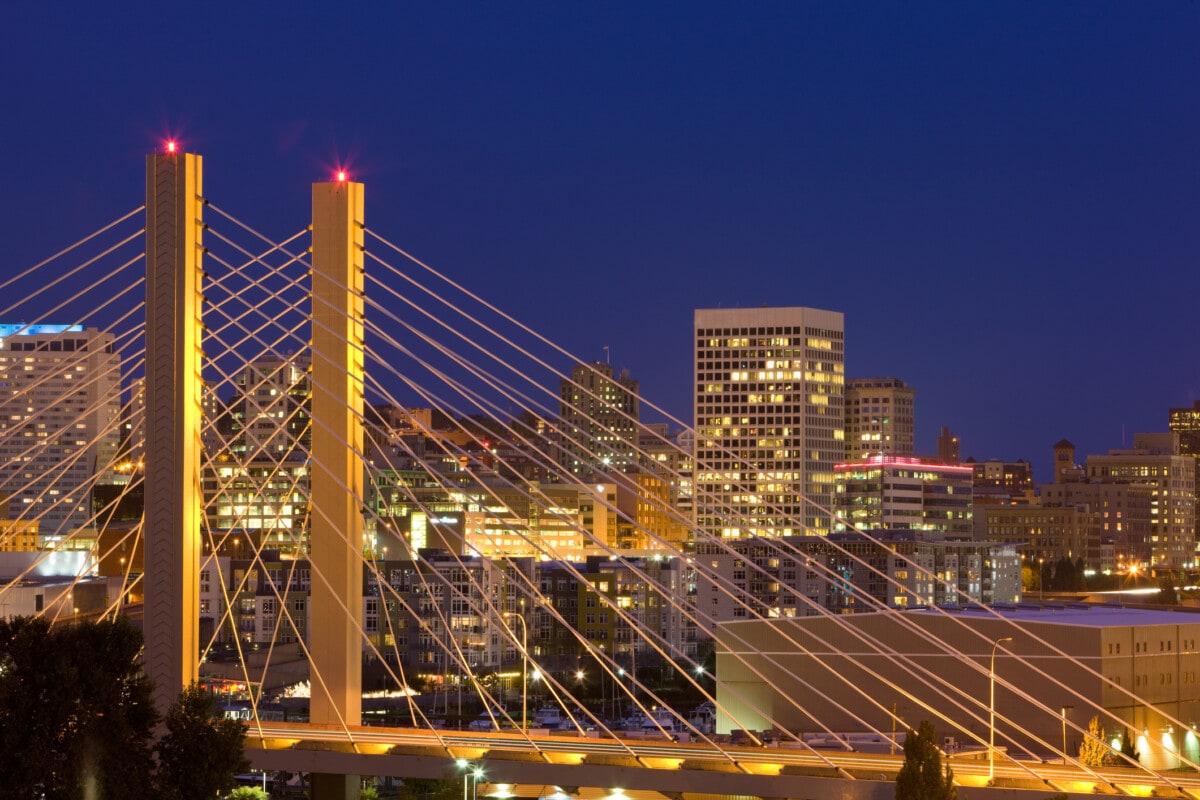 tacoma bridge and city skyline at night