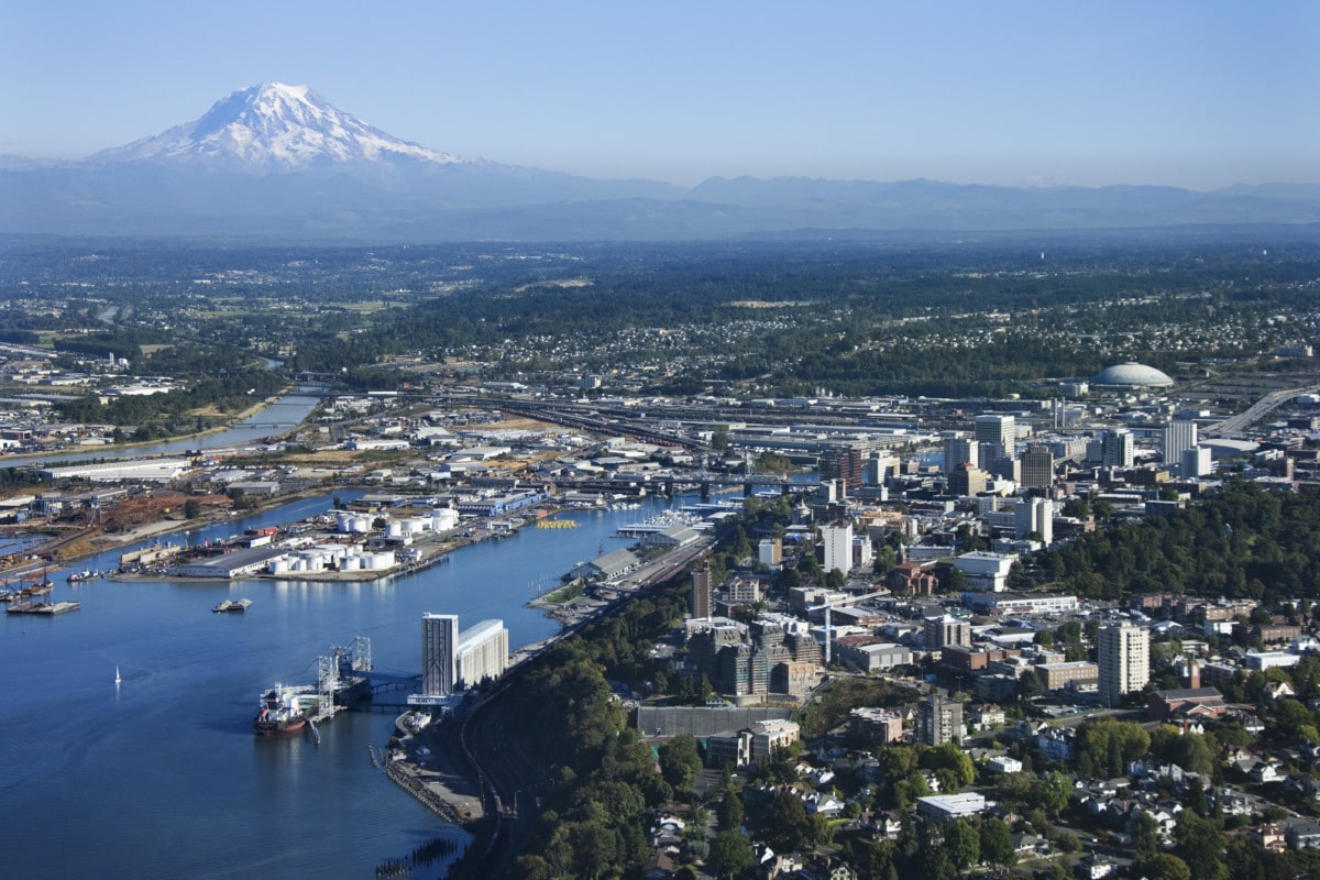 Aerial view of Tacoma and Mount Rainier