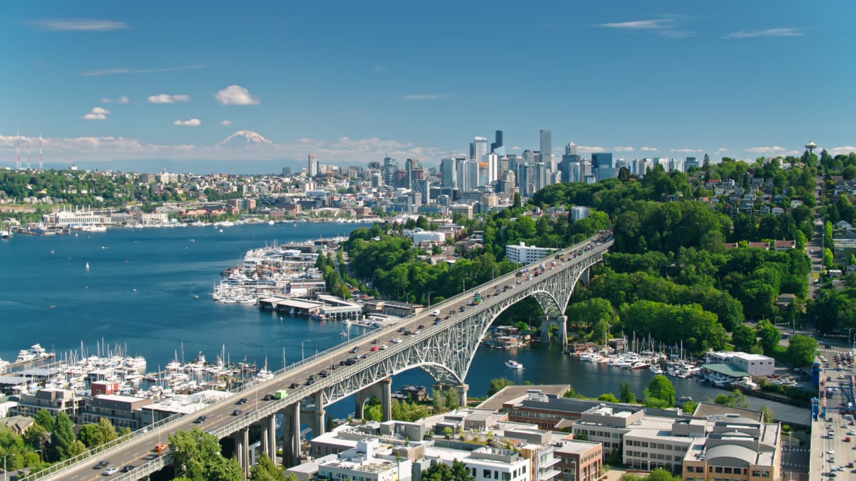 Drone Shot of Seattle with Mt Rainier in Distance