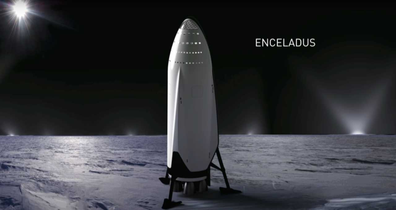 A white spaceship with windows is shown here landed on a dusty grey moon. 