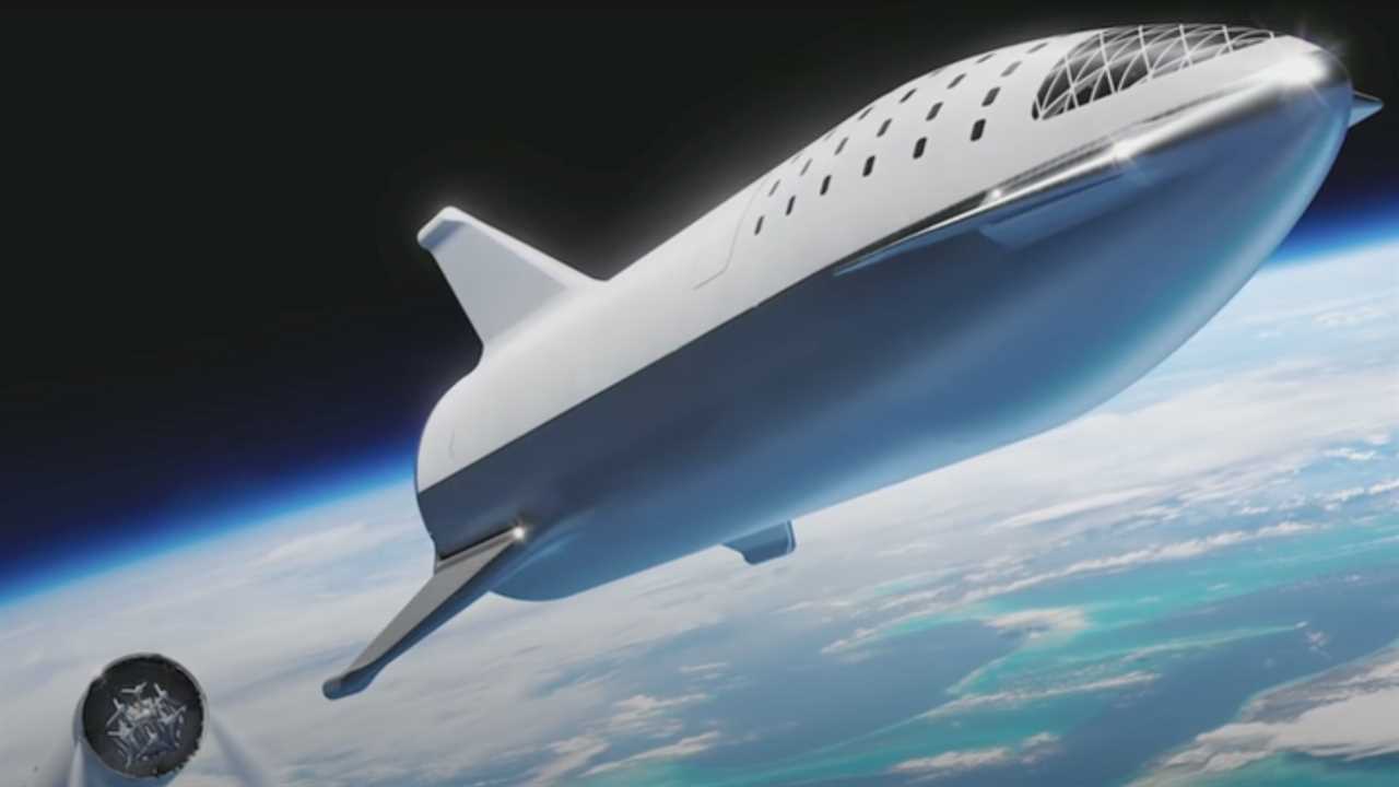 An artist's impression shows a white an grey rocket, with windows at its nose, with characteristic fins sticking out of its sides.