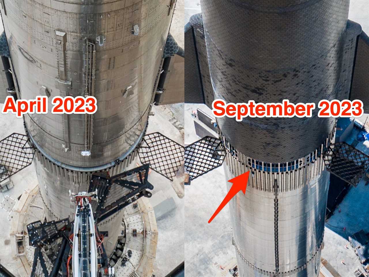 Annotated side-by-side images show a close-up of the connection between the spacecraft and the booster on Starship.