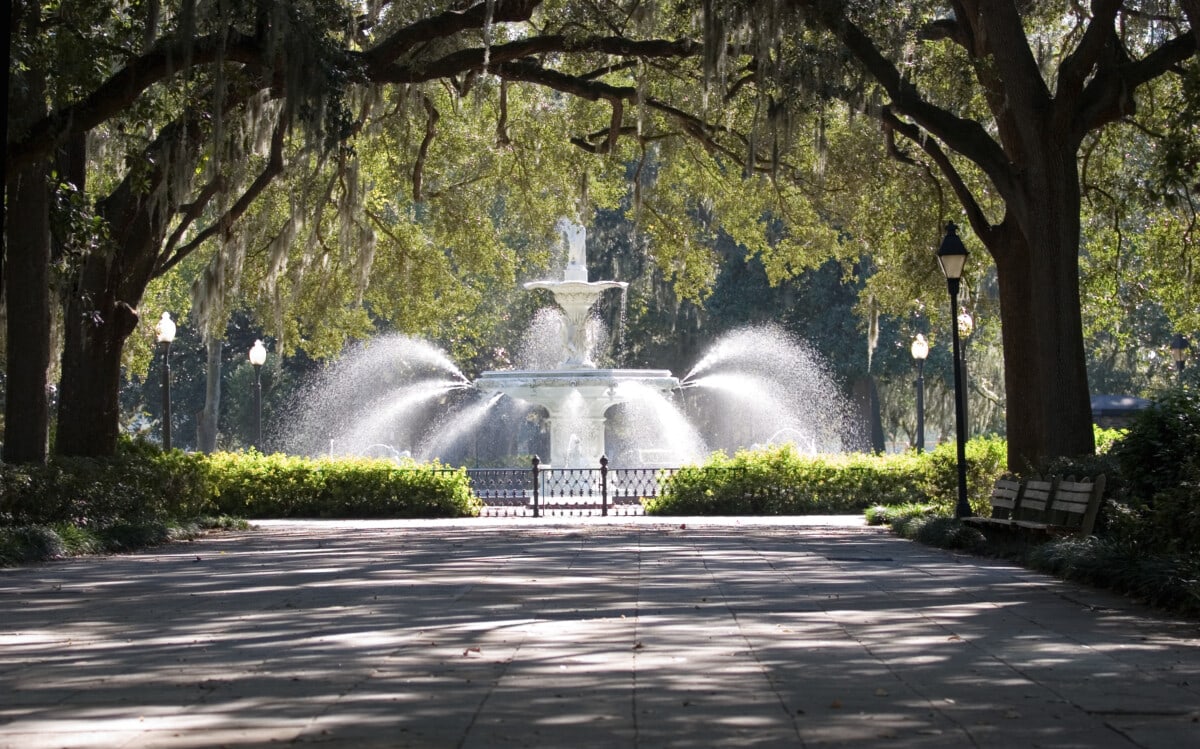 Stone walkway and water fountain in the park