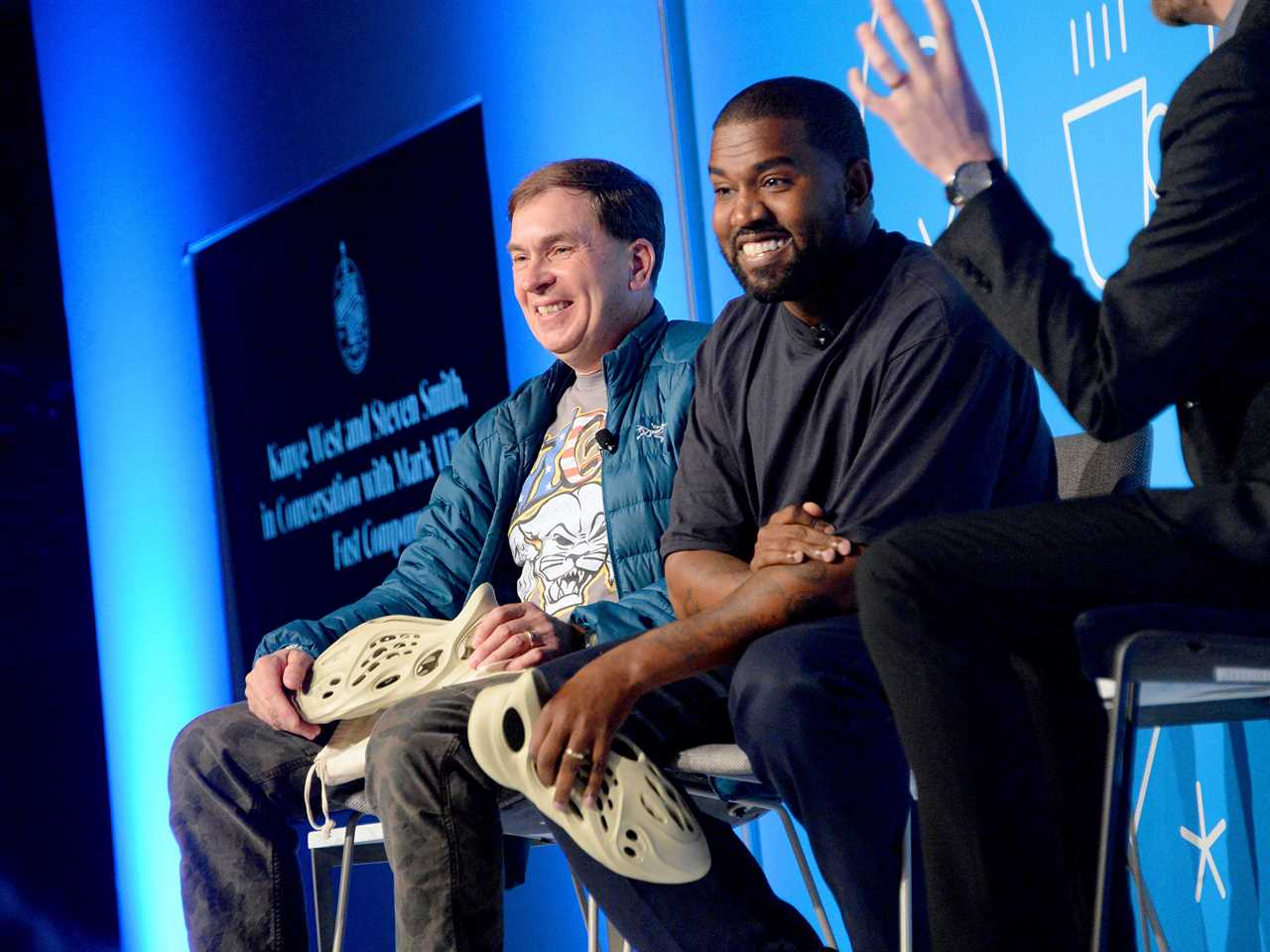 Steven Smith and Kanye West speak on stage at the "Kanye West and Steven Smith in Conversation with Mark Wilson" at the on November 07, 2019 in New York City.