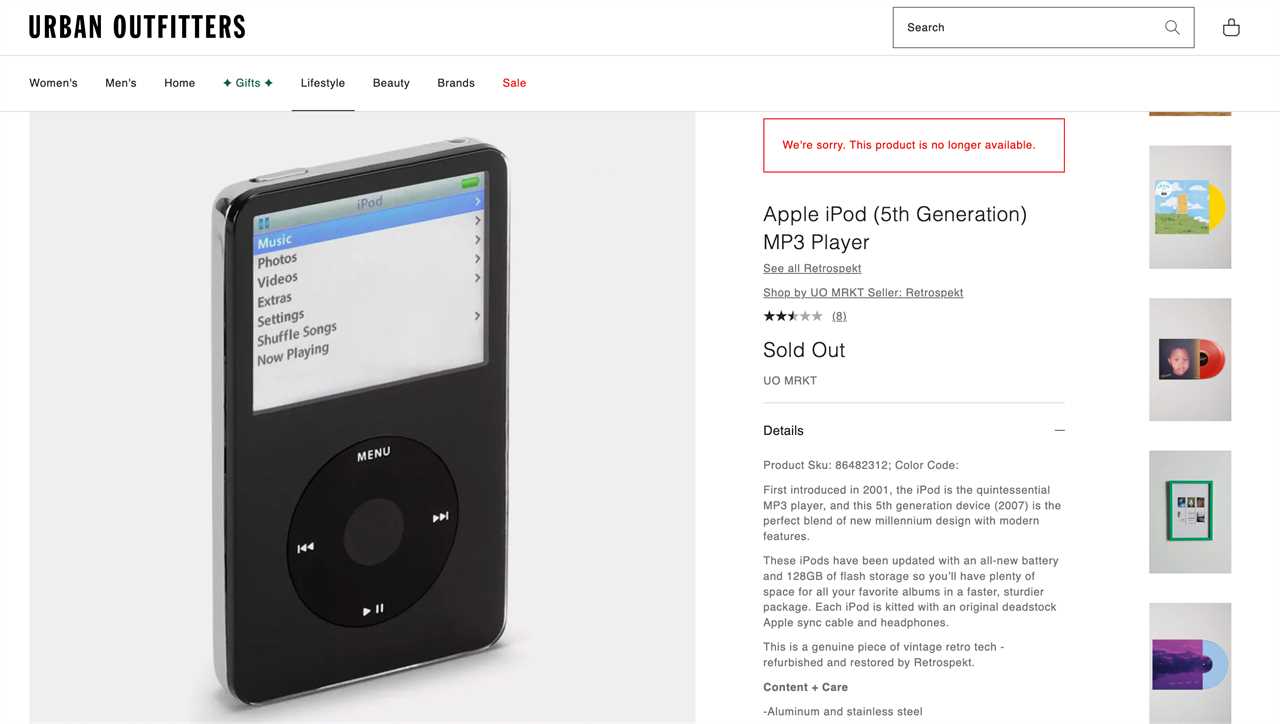 A screenshot of the iPod listing on Urban Outfitters' website.