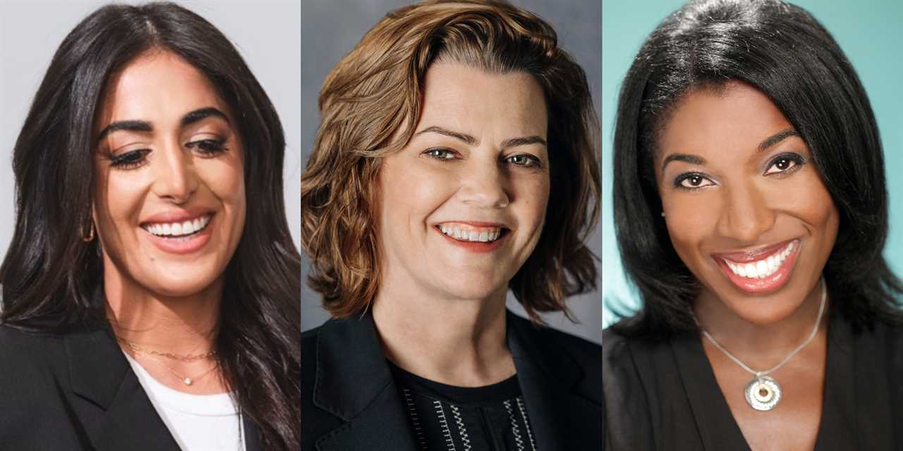 Three influential women execs in sports media appear in side by side images: Haley Rosen of Just Women's Sports, Marie Donoghue of Prime Video, and Rosalyn Durant of ESPN.