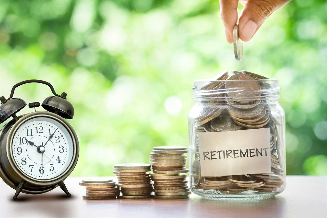 A hand puts coins into a jar labeled "Retirement"