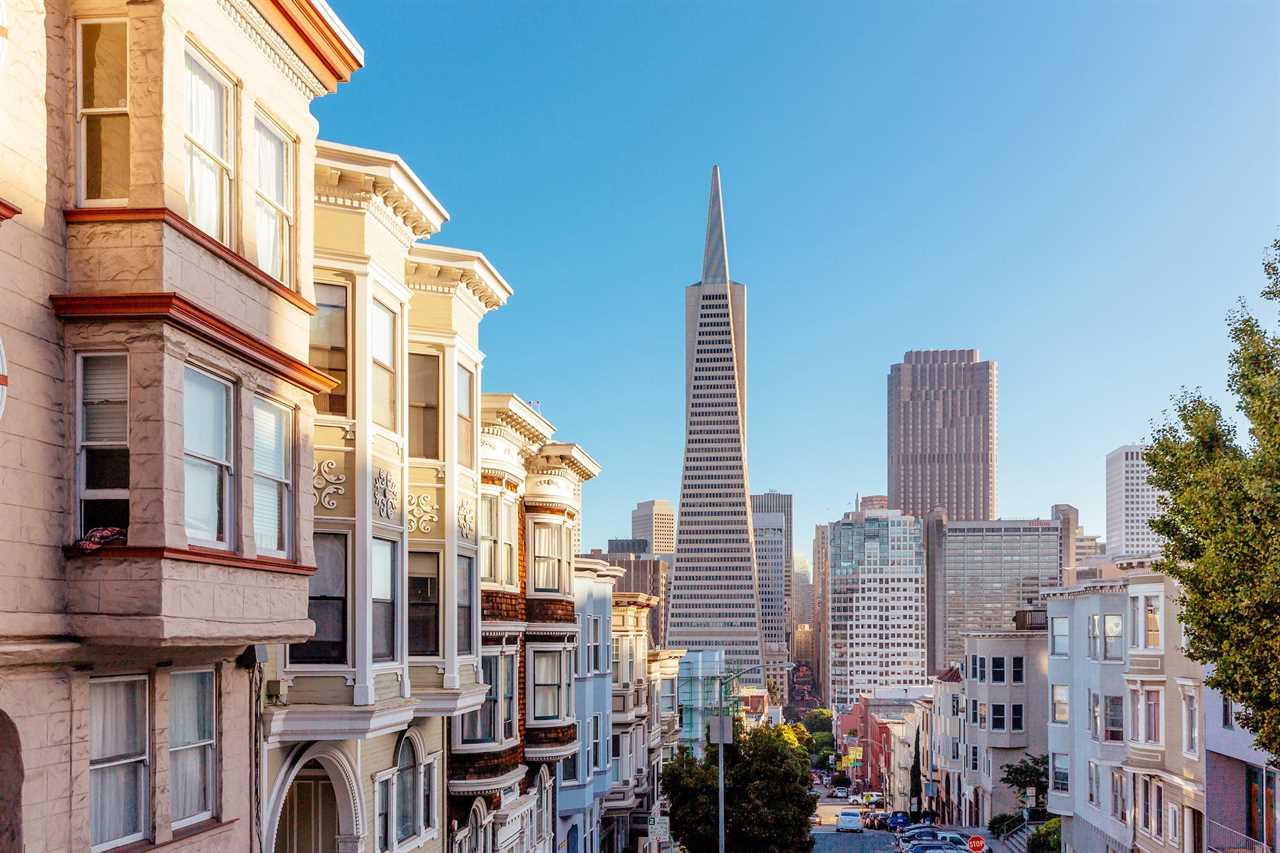 Residential houses and skyscrapers in San Francisco, California