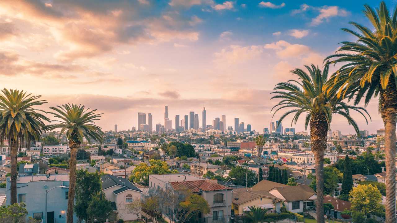 sunset of Los Angeles downtown skyline and palm trees.