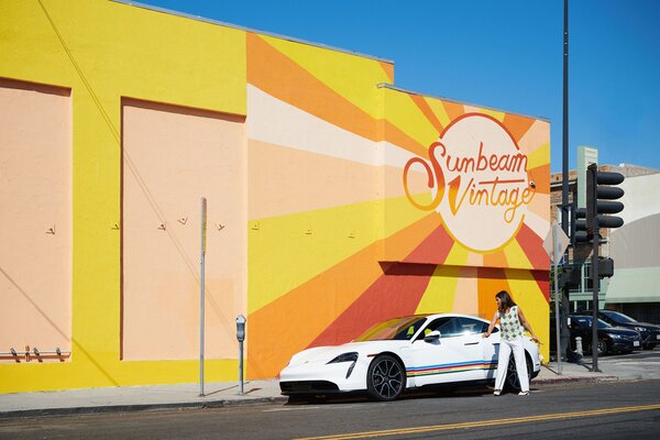 Backdrop co-founder Natalie Ebel arrives at Los Angeles’ Sunbeam Vintage in a custom Porsche Taycan for a morning of thrifting with Dabito.