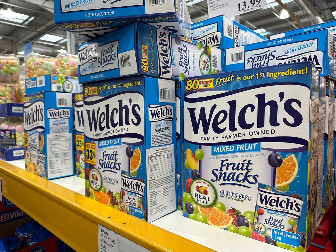 Boxes of Welch's Fruit Snacks on sale at Costco in London