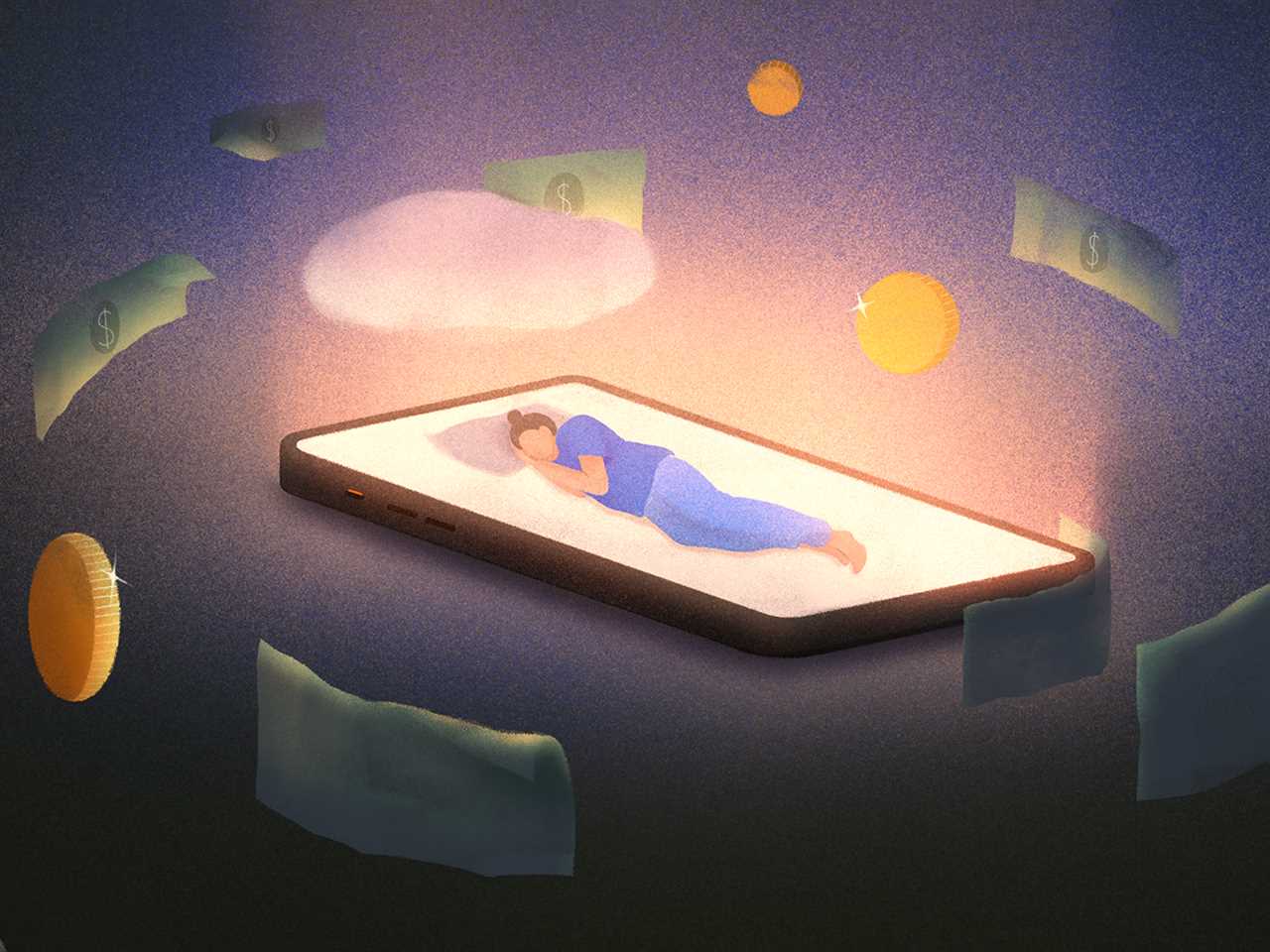 A woman asleep on a phone bed surrounded by floating money.