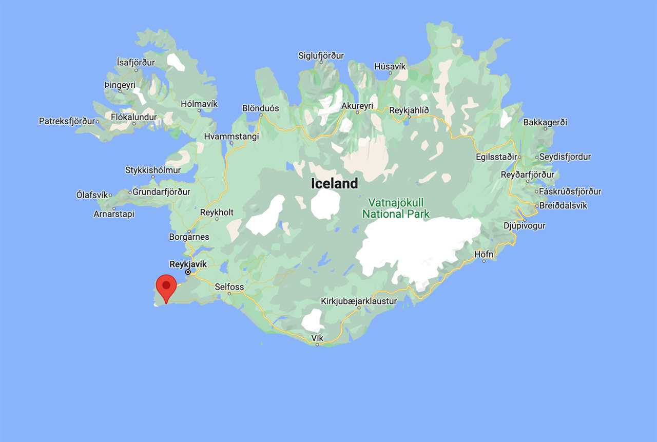 A map of Iceland shows the location of Grindevik on the Southwest coast.