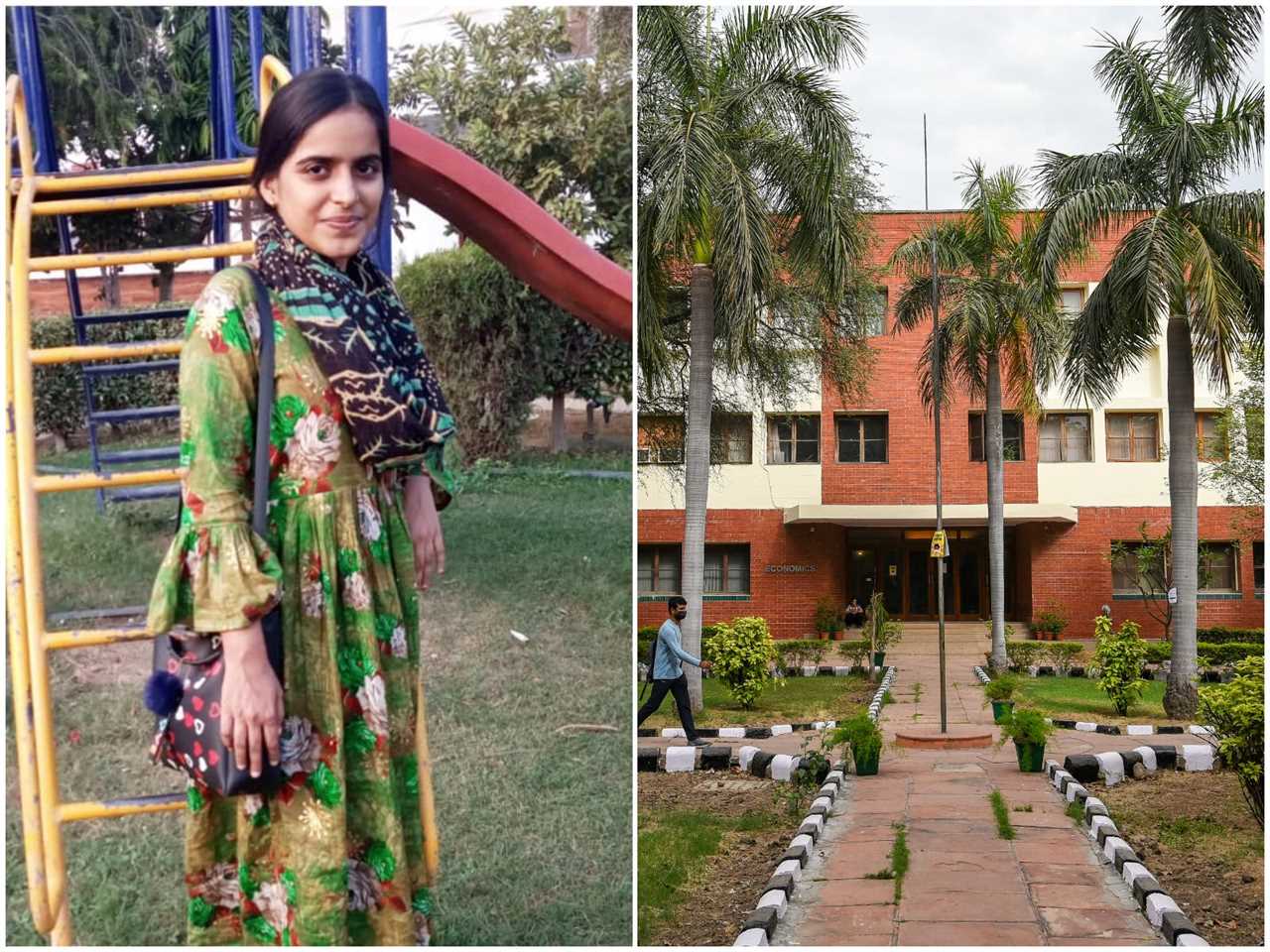 headshot of Hazra Khatoon next to a building on Delhi University campus