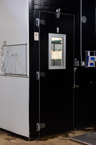 A black door that leads to a growing room.