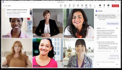 A grid of six people with a chat window on the right that’s filled with summarized information from Copilot.