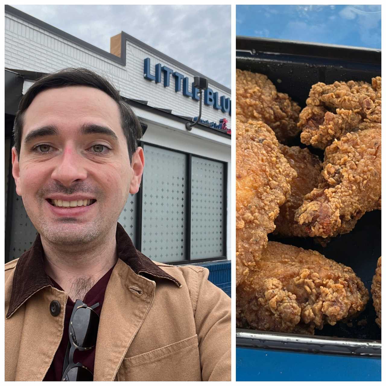 side-by-side images of Insider reporter Alex Bitter standing outside the Little Blue Menu in College Park, Maryland, and a close-up of chicken wings at Little Blue Menu.