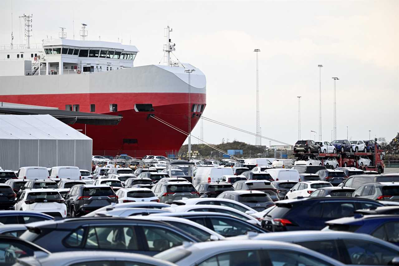 This photo taken on November 7, 2023 shows cars at the port of Malmo, Sweden as port workers block the loading of vehicles from US electric car giant Tesla during a strike. Workers at four Swedish ports blocked the loading and unloading of Tesla cars on November 7 in a growing strike movement over the US company's refusal to sign a collective wage agreement with mechanics.