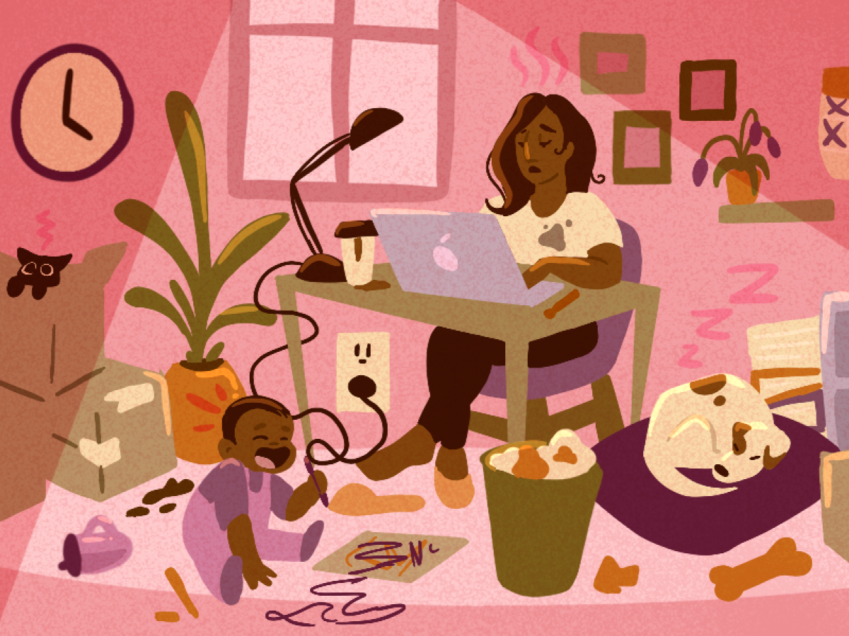 Illustration of woman working at a desk surrounded by clutter relating to a work life balance