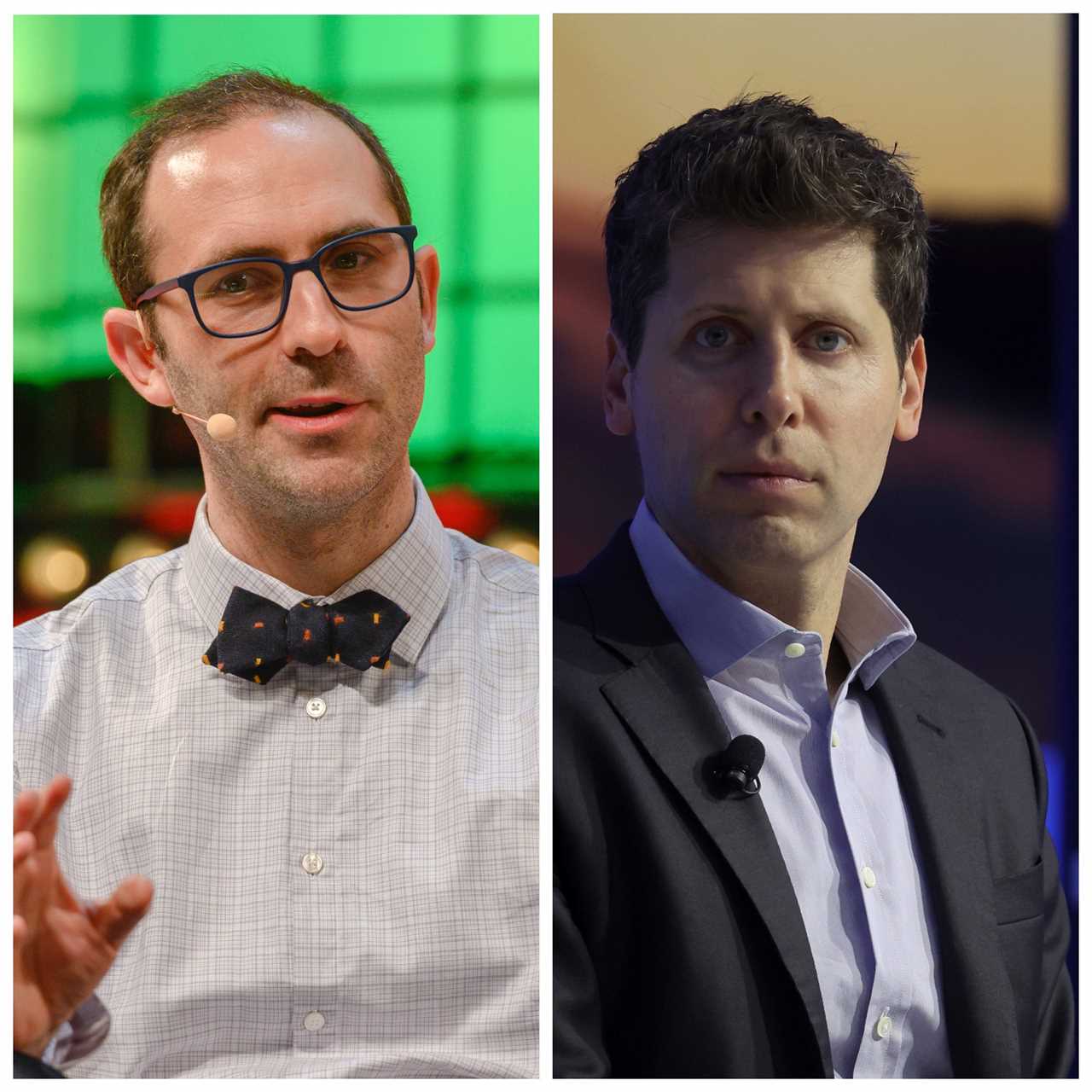 Photo collage of Emmett Shear on left and Sam Altman on the right