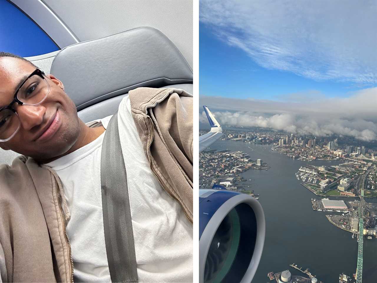 Left: a man on a plane taking a selfie. Right: A view out of a airplane window with a wing in view.