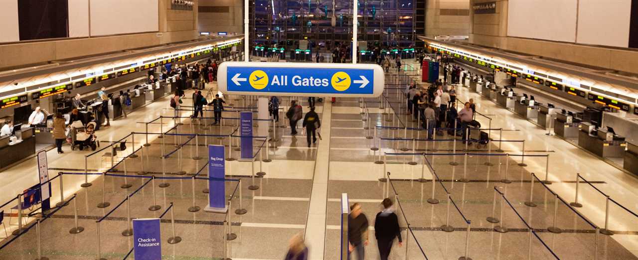 An aerial view of the check-in area of an airport.