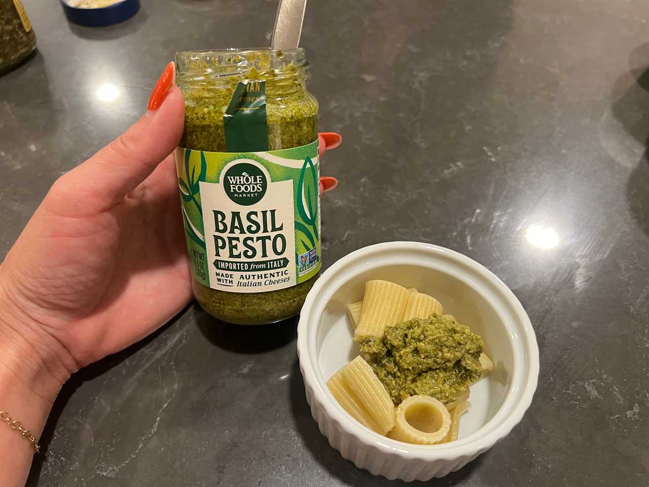 Whole Foods' pesto on a bowl of rigatoni.