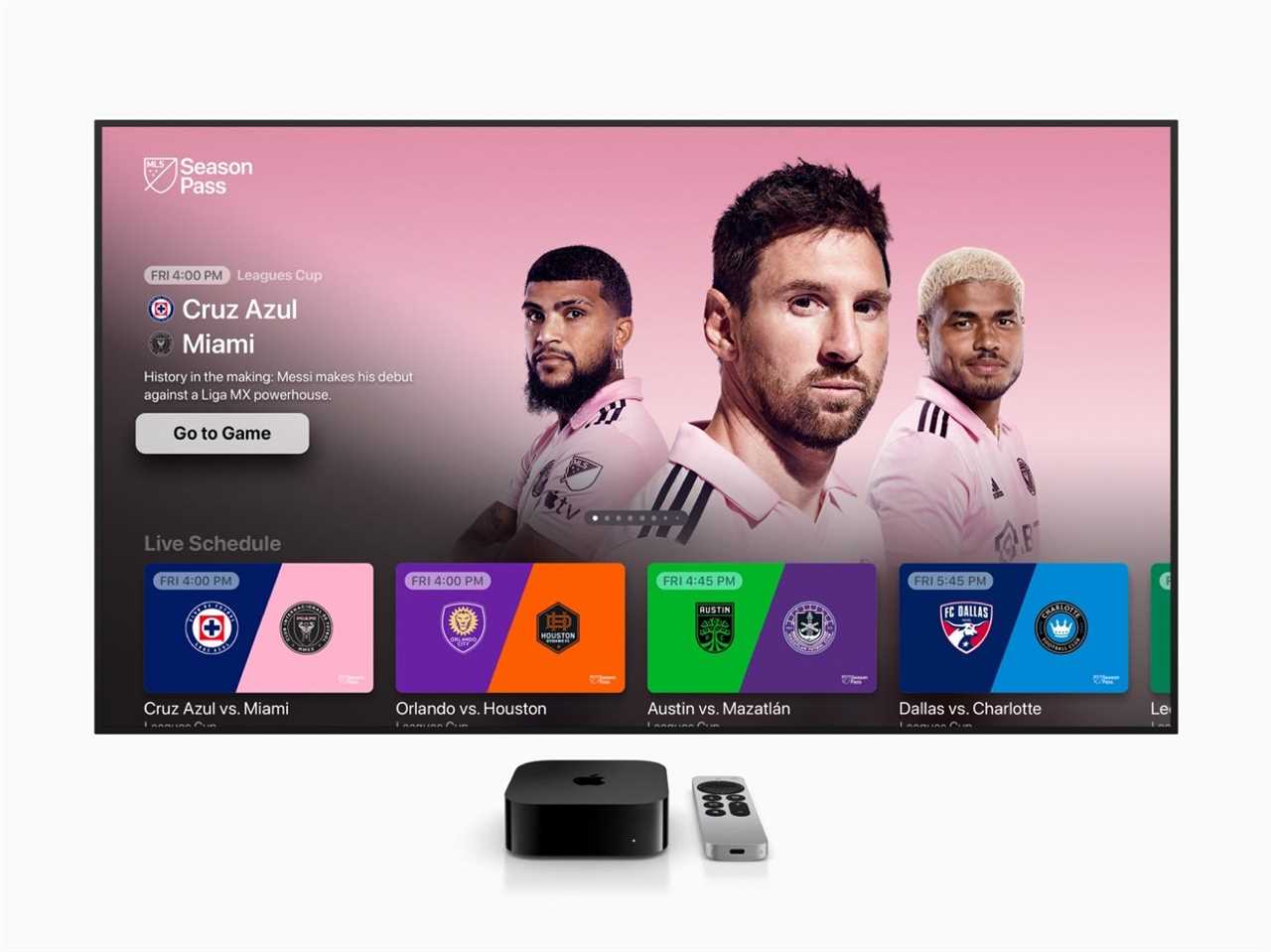 A TV displaying Apple TV Plus MLS Season Pass