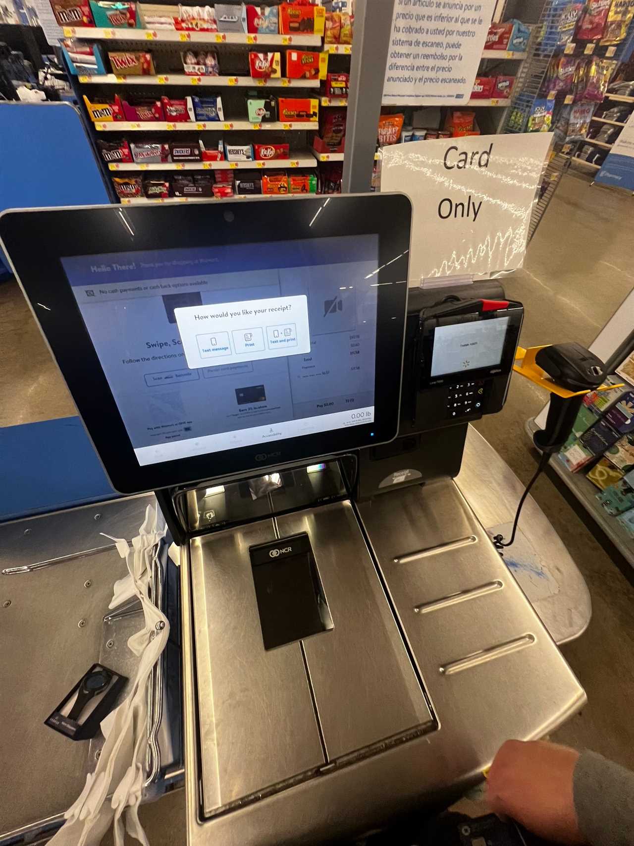 A self-checkout station at Walmart