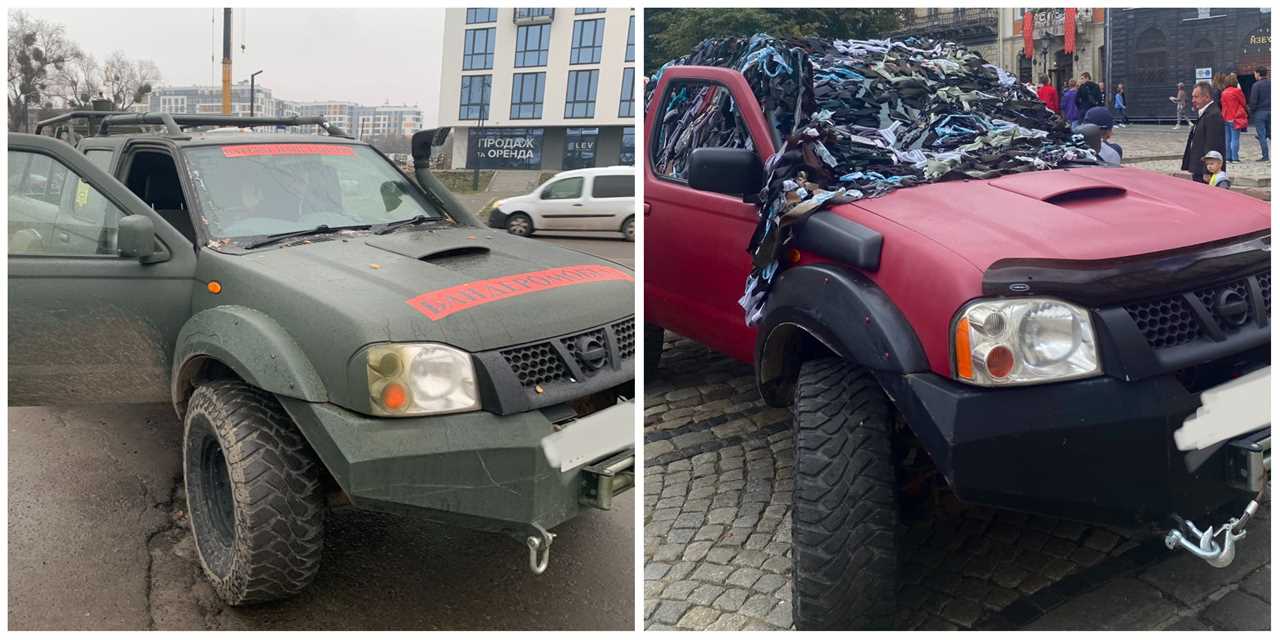 A British farm car before and after it was refitted into a Ukrainian military vehicle