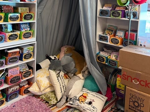 A photo of the "cozy corner" in Michelle Medintz's classroom, which includes baskets of books on shelves, a canopy, cushions, and other items.