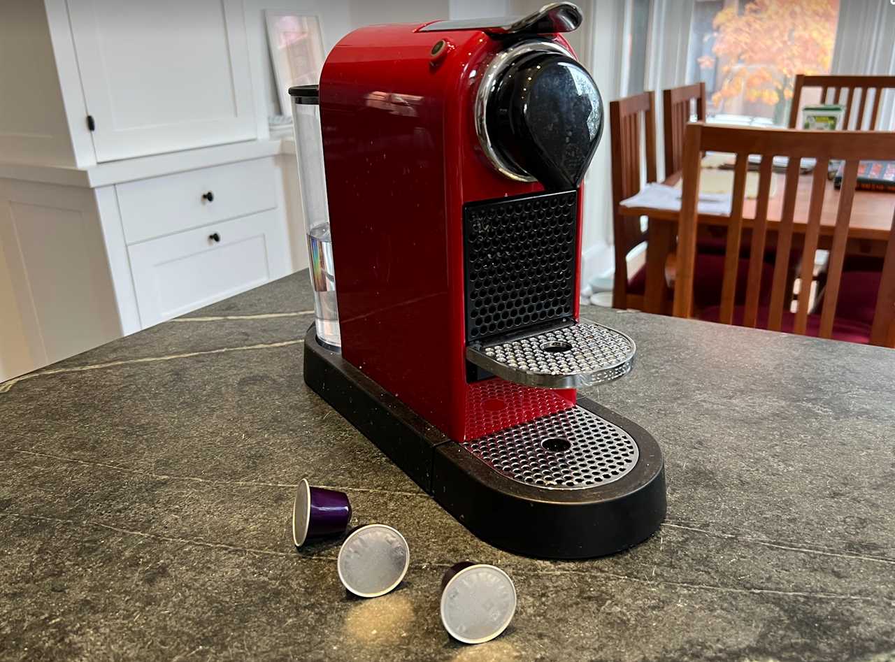 Nespresso machine and coffee pods.