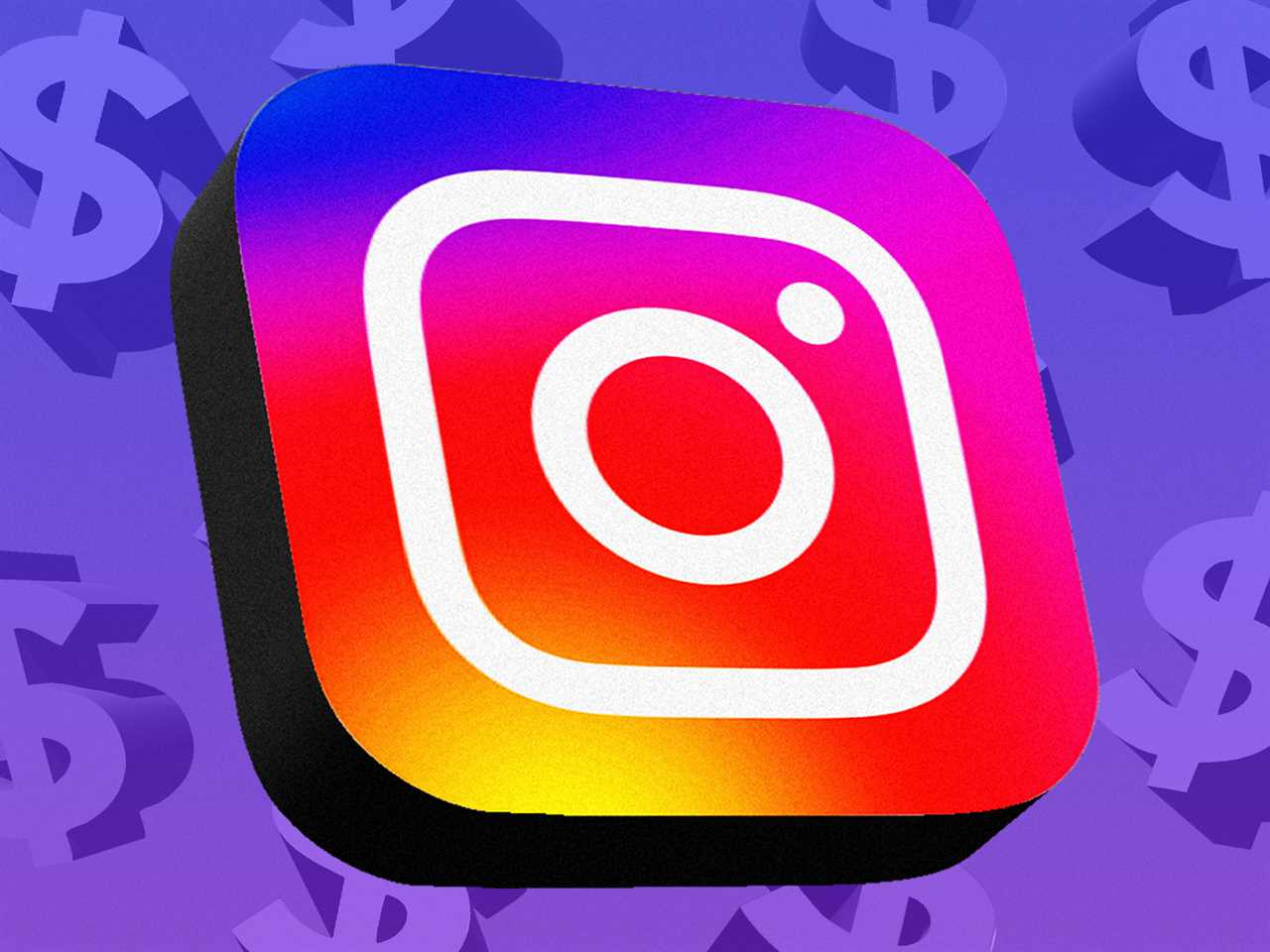 Instagram app logo in front of a purple background and dollar signs